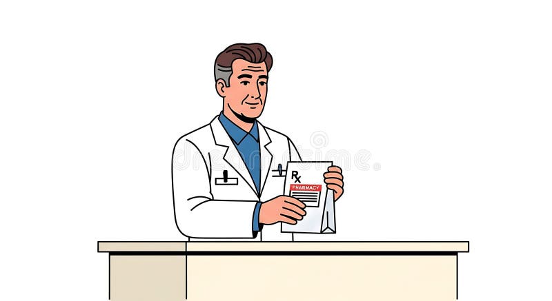 Pharmacist providing prescription medication and discussing insurance coverage